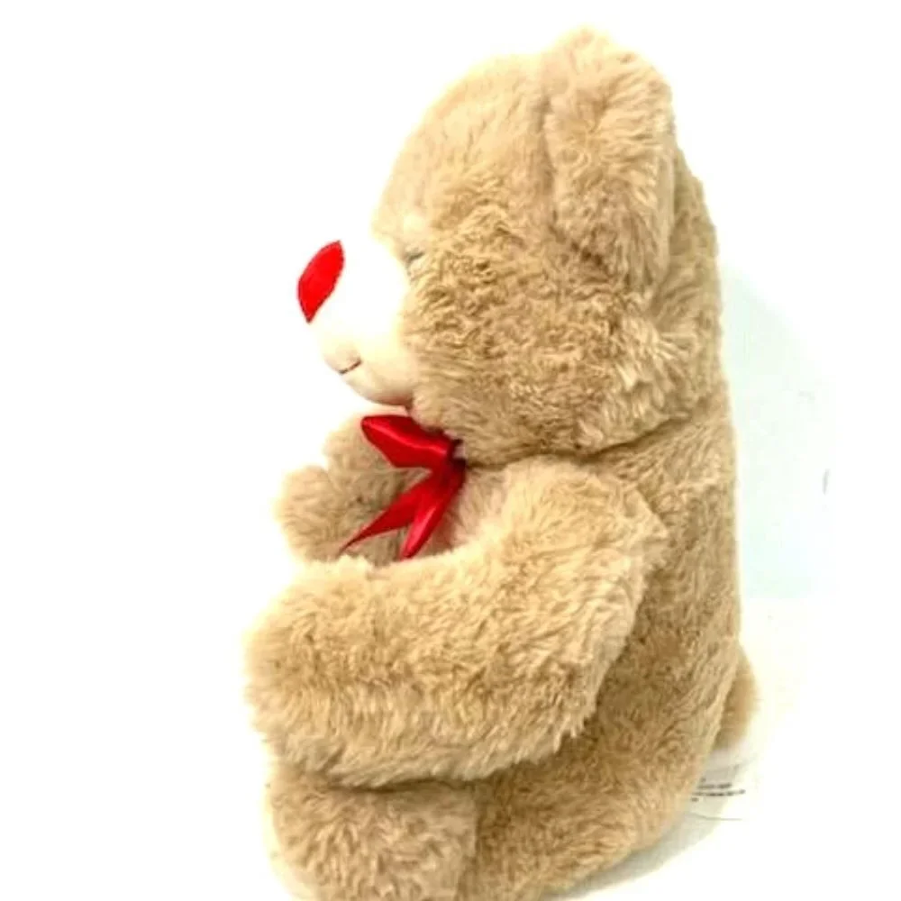 Tan Bear Plush‎ w/ Red Ribbon, Nose & Hearts on Paw